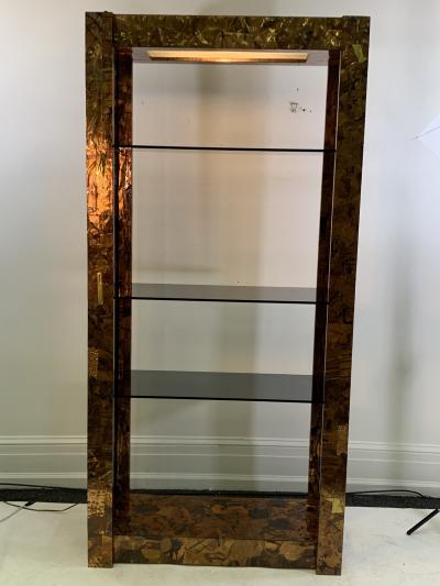 Paul Evans ILLUMINATED BRUTALIST MIXED METALS PATCHWORK ETAGERE ATTRIBUTED TO PAUL EVANS