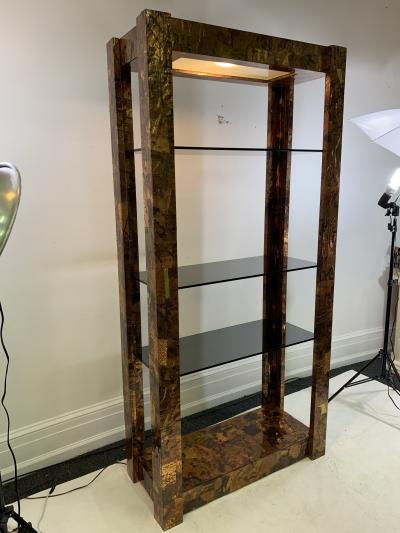 Paul Evans ILLUMINATED BRUTALIST MIXED METALS PATCHWORK ETAGERE ATTRIBUTED TO PAUL EVANS
