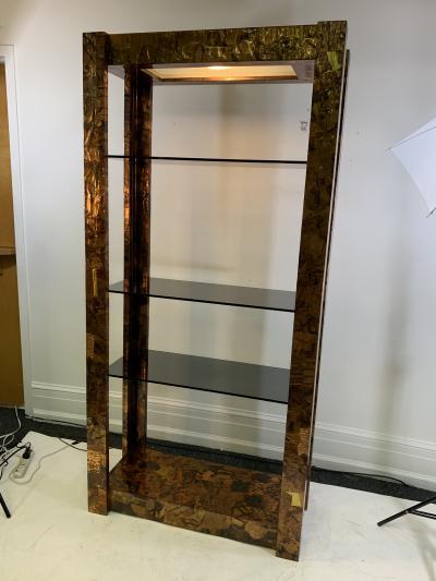 Paul Evans ILLUMINATED BRUTALIST MIXED METALS PATCHWORK ETAGERE ATTRIBUTED TO PAUL EVANS