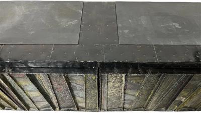 Paul Evans IMPORTANT POLYCHROMED WELDED STEEL DEEP RELIEF CREDENZA BY PAUL EVANS