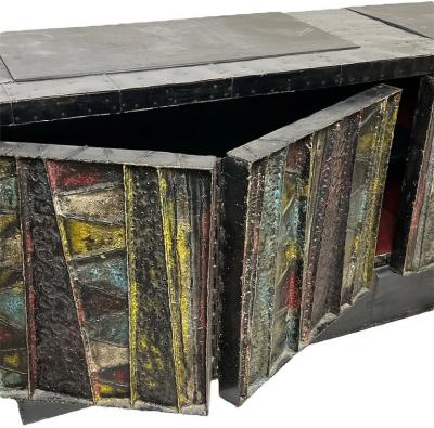 Paul Evans IMPORTANT POLYCHROMED WELDED STEEL DEEP RELIEF CREDENZA BY PAUL EVANS