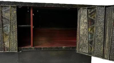 Paul Evans IMPORTANT POLYCHROMED WELDED STEEL DEEP RELIEF CREDENZA BY PAUL EVANS