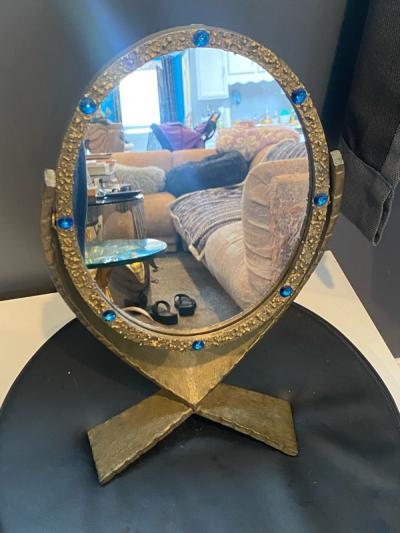 Paul Evans MID CENTURY BRUTALIST GOLD METAL MIRROR SET WITH BLUE CRYSTALS OVAL MIRROR
