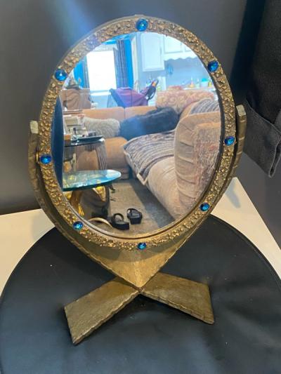 Paul Evans MID CENTURY BRUTALIST GOLD METAL MIRROR SET WITH BLUE CRYSTALS OVAL MIRROR