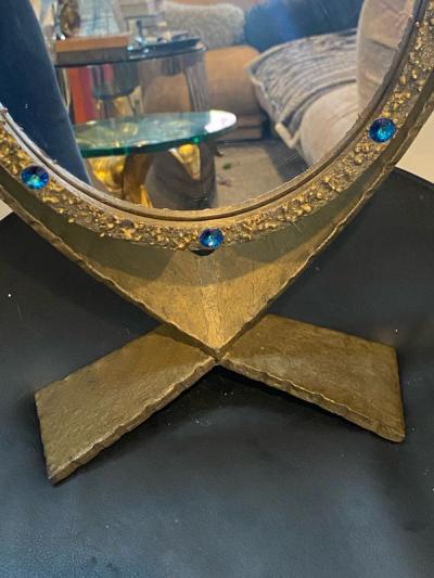 Paul Evans MID CENTURY BRUTALIST GOLD METAL MIRROR SET WITH BLUE CRYSTALS OVAL MIRROR