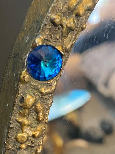 Paul Evans MID CENTURY BRUTALIST GOLD METAL MIRROR SET WITH BLUE CRYSTALS OVAL MIRROR