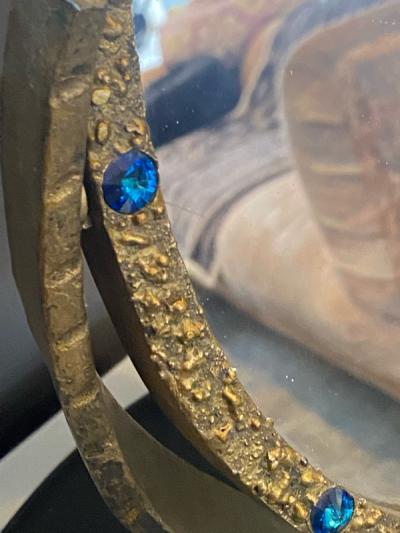 Paul Evans MID CENTURY BRUTALIST GOLD METAL MIRROR SET WITH BLUE CRYSTALS OVAL MIRROR