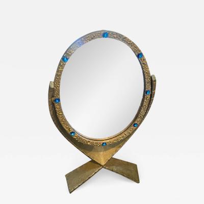 Paul Evans MID CENTURY BRUTALIST GOLD METAL MIRROR SET WITH BLUE CRYSTALS OVAL MIRROR