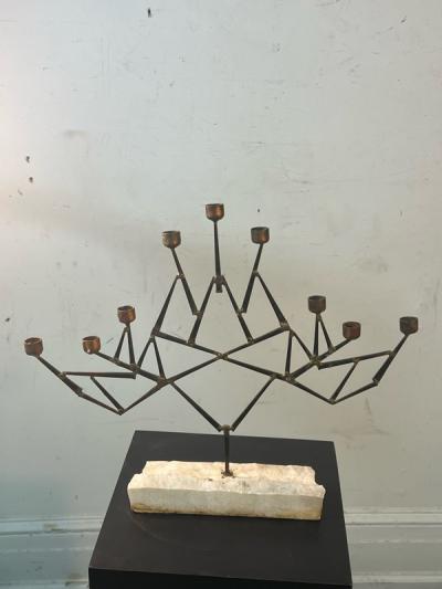 Paul Evans MID CENTURY BRUTALIST MIXED METALS CANDELABRA ON NATURAL MARBLE BASE