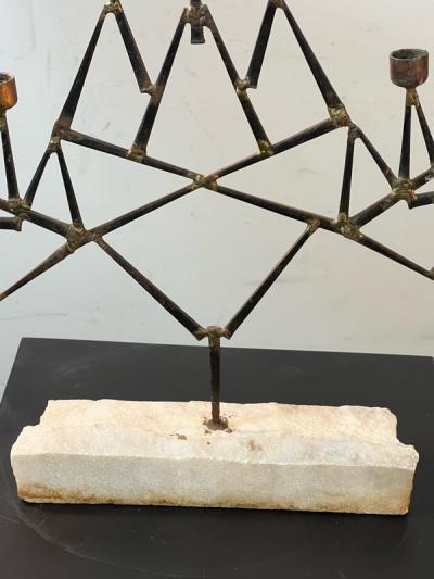 Paul Evans MID CENTURY BRUTALIST MIXED METALS CANDELABRA ON NATURAL MARBLE BASE
