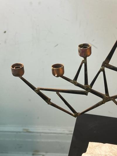 Paul Evans MID CENTURY BRUTALIST MIXED METALS CANDELABRA ON NATURAL MARBLE BASE