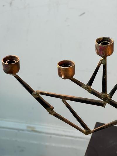 Paul Evans MID CENTURY BRUTALIST MIXED METALS CANDELABRA ON NATURAL MARBLE BASE