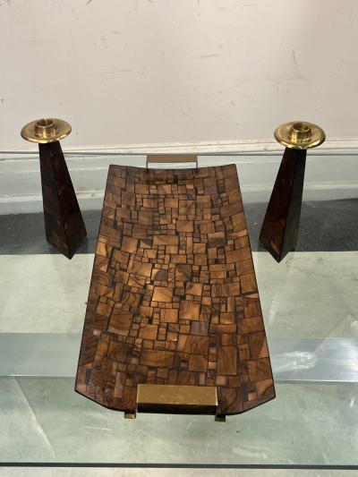 Paul Evans MID CENTURY PATCHWORK WOOD BRASS TRAY CANDLESTICKS MANNER OF PAUL EVANS