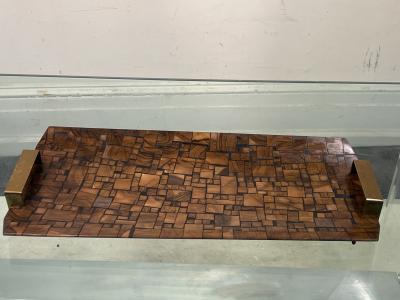 Paul Evans MID CENTURY PATCHWORK WOOD BRASS TRAY CANDLESTICKS MANNER OF PAUL EVANS