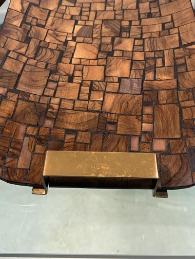 Paul Evans MID CENTURY PATCHWORK WOOD BRASS TRAY CANDLESTICKS MANNER OF PAUL EVANS