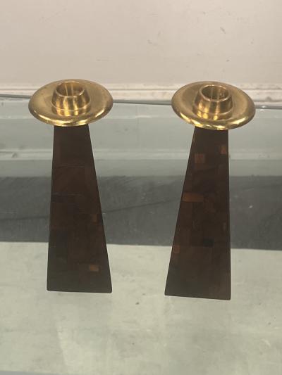 Paul Evans MID CENTURY PATCHWORK WOOD BRASS TRAY CANDLESTICKS MANNER OF PAUL EVANS
