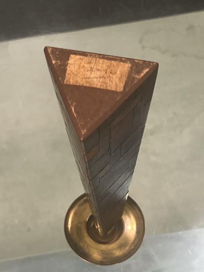 Paul Evans MID CENTURY PATCHWORK WOOD BRASS TRAY CANDLESTICKS MANNER OF PAUL EVANS