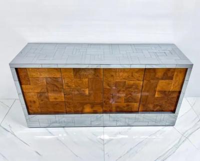 Paul Evans Paul Evans Burl and Chrome Cityscape Credenza Directional Signed 1970s