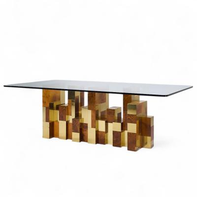 Paul Evans Paul Evans Mid Century Cityscape Burlwood and Brass Dining Table