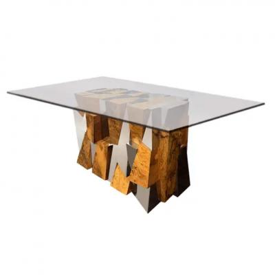 Paul Evans Paul Evans PE400 Faceted Dining Table in Walnut Burl Chrome Plated Steel 1970s