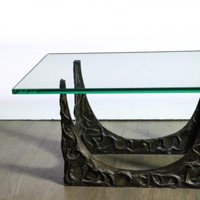 Paul Evans Paul Evans Signed Dated Rectangular Sculpted Bronze and Glass Cocktail Table
