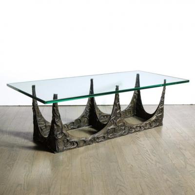 Paul Evans Paul Evans Signed Dated Rectangular Sculpted Bronze and Glass Cocktail Table