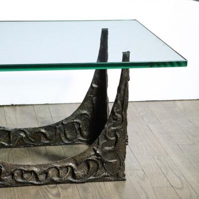 Paul Evans Paul Evans Signed Dated Rectangular Sculpted Bronze and Glass Cocktail Table