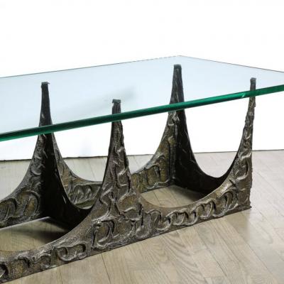 Paul Evans Paul Evans Signed Dated Rectangular Sculpted Bronze and Glass Cocktail Table