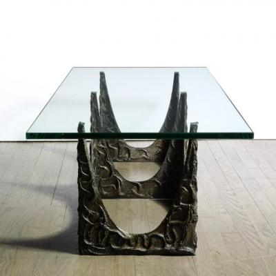 Paul Evans Paul Evans Signed Dated Rectangular Sculpted Bronze and Glass Cocktail Table