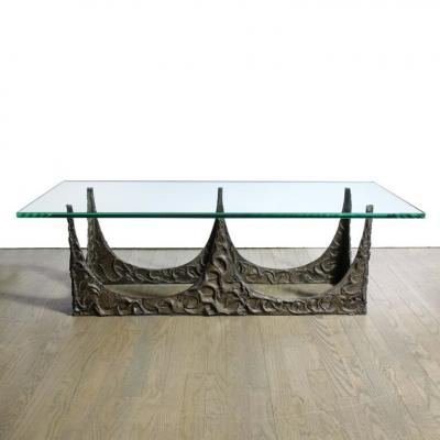 Paul Evans Paul Evans Signed Dated Rectangular Sculpted Bronze and Glass Cocktail Table