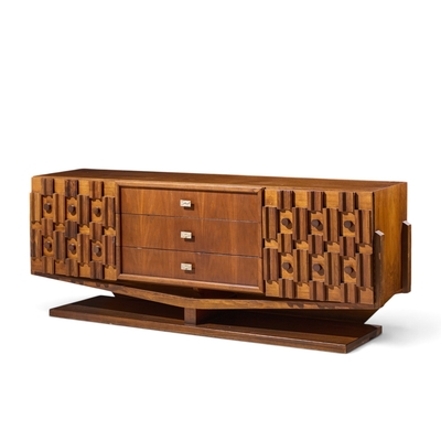 Paul Evans Paul Evans Style Canadian Brutalist Walnut 9 Drawer Pedestal Lowboy Dresser