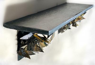 Paul Evans Phillip Lloyd Powell Early Paul Evans Sculpted Steel Poly Chrome Wall Shelf Console Table 1960