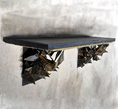 Paul Evans Phillip Lloyd Powell Early Paul Evans Sculpted Steel Poly Chrome Wall Shelf Console Table 1960