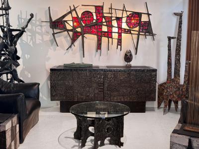 Paul Evans Phillip Lloyd Powell Paul Evans Sculpted Bronze Patchwork Steel Slate Cabinet 1968