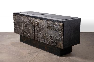 Paul Evans Phillip Lloyd Powell Paul Evans Sculpted Bronze Patchwork Steel Slate Cabinet 1968