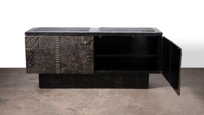Paul Evans Phillip Lloyd Powell Paul Evans Sculpted Bronze Patchwork Steel Slate Cabinet 1968