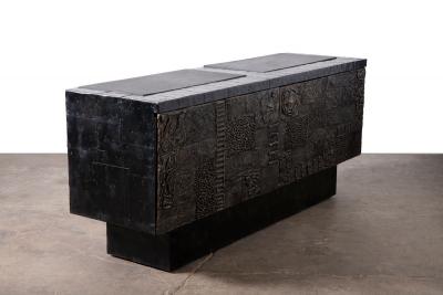 Paul Evans Phillip Lloyd Powell Paul Evans Sculpted Bronze Patchwork Steel Slate Cabinet 1968