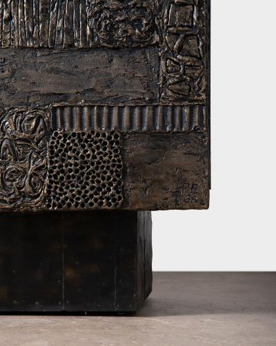 Paul Evans Phillip Lloyd Powell Paul Evans Sculpted Bronze Patchwork Steel Slate Cabinet 1968
