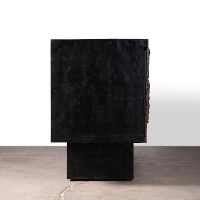 Paul Evans Phillip Lloyd Powell Paul Evans Sculpted Bronze Patchwork Steel Slate Cabinet 1968