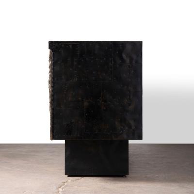 Paul Evans Phillip Lloyd Powell Paul Evans Sculpted Bronze Patchwork Steel Slate Cabinet 1968