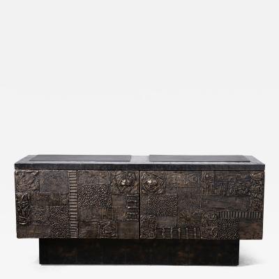 Paul Evans Phillip Lloyd Powell Paul Evans Sculpted Bronze Patchwork Steel Slate Cabinet 1968