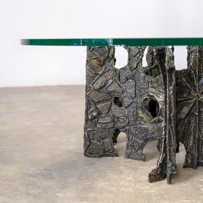 Paul Evans Sculpted Bronze Brutalist Glass Top Coffee Table for Directional 1969