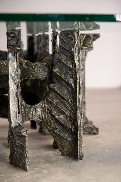 Paul Evans Sculpted Bronze Brutalist Glass Top Coffee Table for Directional 1969