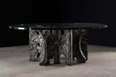 Paul Evans Sculpted Bronze Brutalist Glass Top Coffee Table for Directional 1969