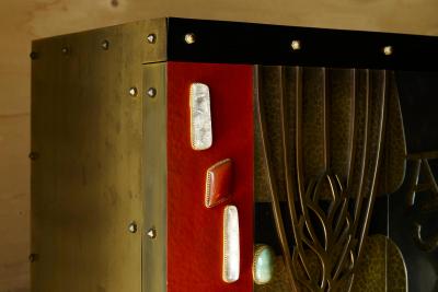 Paul Evans Stunning Mid Century Cabinet in Brass Metal Enamel and Gemstones Belgium 1960s