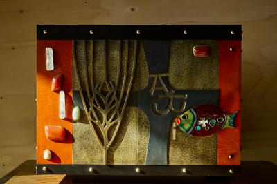 Paul Evans Stunning Mid Century Cabinet in Brass Metal Enamel and Gemstones Belgium 1960s