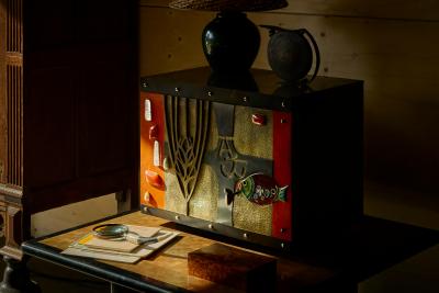 Paul Evans Stunning Mid Century Cabinet in Brass Metal Enamel and Gemstones Belgium 1960s