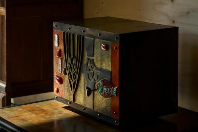 Paul Evans Stunning Mid Century Cabinet in Brass Metal Enamel and Gemstones Belgium 1960s