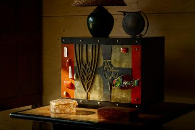 Paul Evans Stunning Mid Century Cabinet in Brass Metal Enamel and Gemstones Belgium 1960s