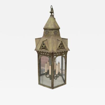 Paul Ferrante Paul Ferrante Wrought Iron Green Tole Lantern Chandelier